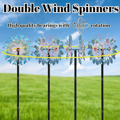66 Inch Metal Outdoor Wind Spinner, 2-Way Wind Sculpture Spinner with Metal Stake, Waterproof 360 Degrees Kinetic Windmill Art Decoration for Patio Garden Lawn (A- Vintage Blue)