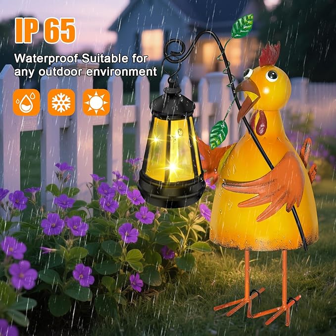 Solar Garden Decor Outdoor Statue, Metal Chicken with Solar Lantern for Outdoor, Yard, Patio Decor, Unique Birthday Gifts for Women Mom Grandma Cute Housewarming Gifts