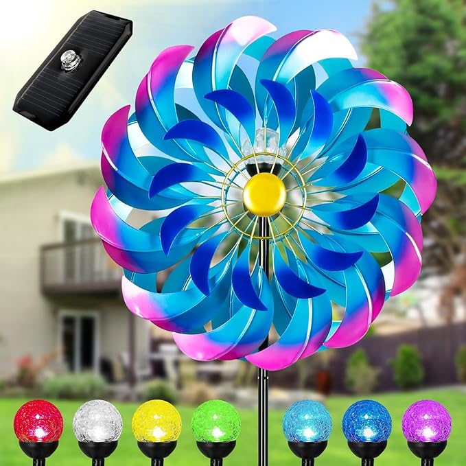 Solar Wind Spinners Outdoor, Metal Large Garden 24" Windmill with Solar Light, 7 Color LED, Wind Sculpture for Yard & Lawn, 5 Legs Ground Stake, 84.6" to 49.8" Height, Large Wind Spinner