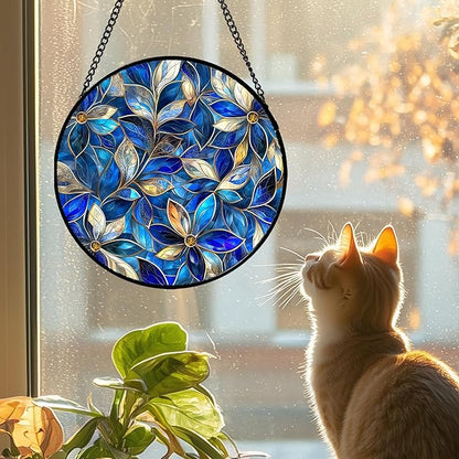 Stained Glass Window Hanging - Blue Gold Abstract Flowers Suncatcher for Door Terrace Garden Home Decor, Plant Sun Catcher Birthday Gifts for Lovers Women Men Dad Mom Nana 7.8 in