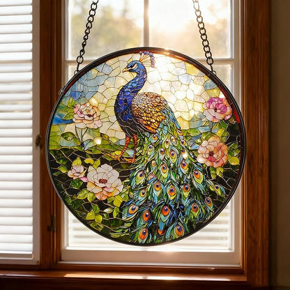 Sun Catcher Stain Glass,Peacock Suncatcher Stained Glass Decor for Window Hanging, Gardening Gifts for Women with 6.3 Inch