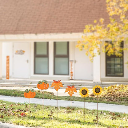 Glitzhome 18" H Set of 6 Metal Fall Harvest Yard Signs with Stakes,Thanksgiving Pumpkin Sunflower Maple Leaf Garden Stakes Welcome Standing Signs for Autumn Lawn Walkway Holiday Outdoor Decor