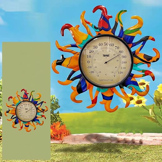Metal Sun Thermometer Indoor Outdoor Ornament Wall Art Decor, Sun Plaque Sculpture Hanging Mounted for Living Room Bedroom Kitchen Patio for Home or Garden, No Battery Required (Orange)
