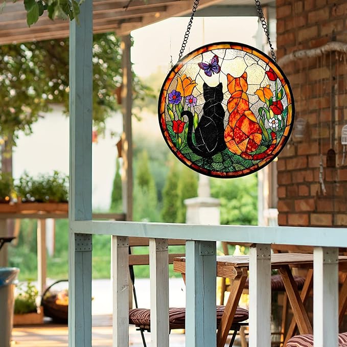 7.8 Inch Stained Glass Window Hanging Cats Flowers Butterfly Sun Catcher Indoor Window Door Wall Yard Home Decor Colorful Glass Panel Suncatcher Gifts for Women Men Mom Grandma