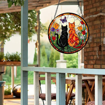 7.8 Inch Stained Glass Window Hanging Cats Flowers Butterfly Sun Catcher Indoor Window Door Wall Yard Home Decor Colorful Glass Panel Suncatcher Gifts for Women Men Mom Grandma