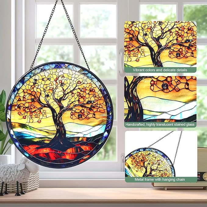 Tree of Life Stained Glass Window Hanging Suncatcher with Chain - 7.9" Outdoor/Indoor Art Decor for Home Garden, Wedding, Mother's, Thanksgiving, Valentine's & Christmas Ornaments Present