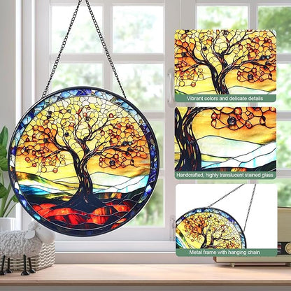 Tree of Life Stained Glass Window Hanging Suncatcher with Chain - 7.9" Outdoor/Indoor Art Decor for Home Garden, Wedding, Mother's, Thanksgiving, Valentine's & Christmas Ornaments Present