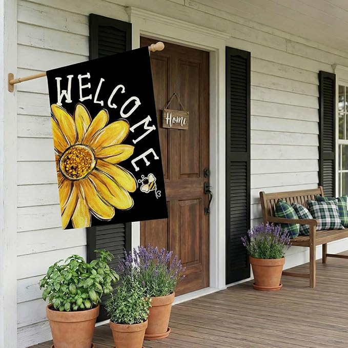 CROWNED BEAUTY Spring Summer House Flag Daisy Bee Double Sided 28x40 Inches Large Burlap Welcome Holiday Seasonal Yard Decoration for Outside Porch