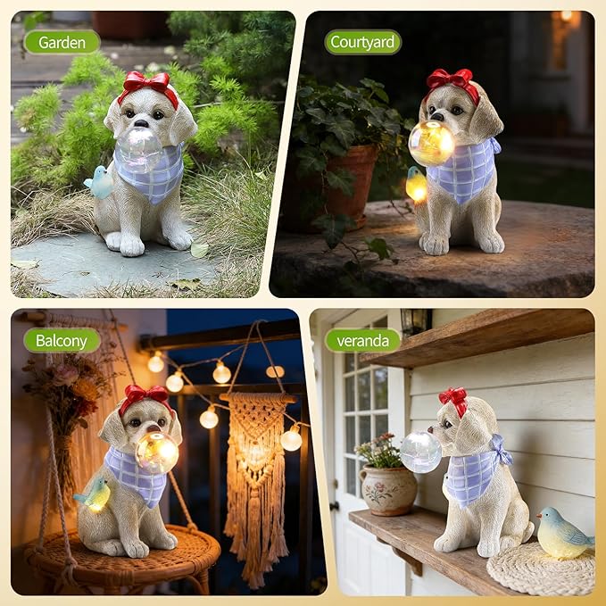 9.4" Solar Dog Garden Statue with Bubble Light, Cute Sitting Puppy Resin Outdoor Decor with Bird Light, Waterproof Solar Powered Animal Statue for Yard, Lawn, Garden