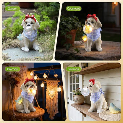 9.4" Solar Dog Garden Statue with Bubble Light, Cute Sitting Puppy Resin Outdoor Decor with Bird Light, Waterproof Solar Powered Animal Statue for Yard, Lawn, Garden