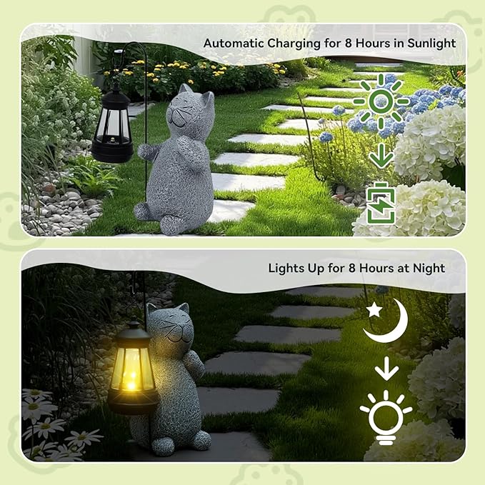 Solar Cat Garden Statues with LED Lights, Outdoor Decor for Patio Yard Balcony - Unique Housewarming Birthday Gifts for Women Mom Grandma