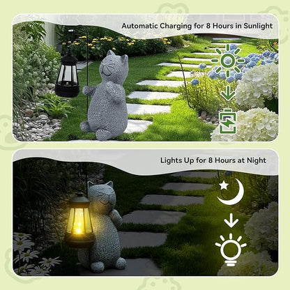 Solar Cat Garden Statues with LED Lights, Outdoor Decor for Patio Yard Balcony - Unique Housewarming Birthday Gifts for Women Mom Grandma