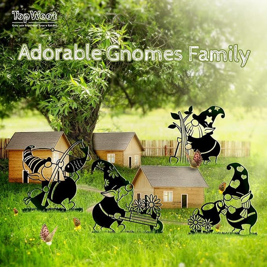 4PCS Gnomes Metal Decoration, Garden Gnome Metal Yard Art, Adorable Gnome Yard Ornament Stakes for Garden, Flower Bed and Patio