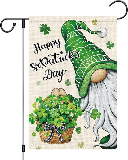 Heyfibro Happy St. Patrick's Day Gnome Garden Flag 12x18 Double Sided Burlap, Shamrock Basket Yard Flag for Spring Seasonal Irish Holiday Farmhouse Yard Outdoor Decor(ONLY FLAG)