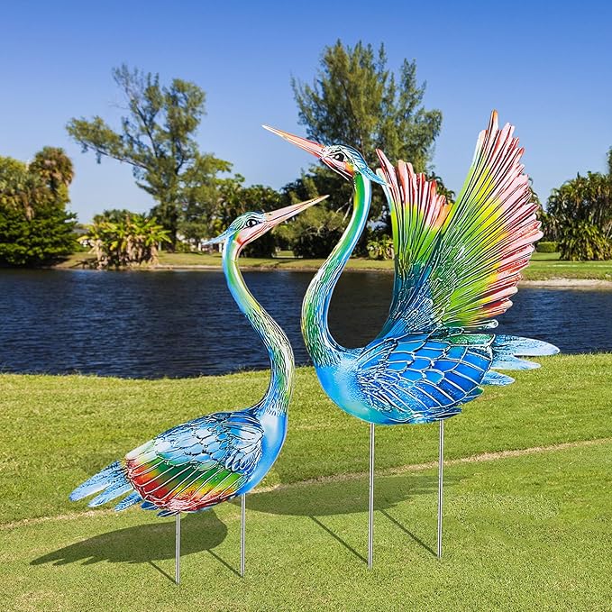 Suzile 2 Pack Garden Crane Statues Outdoor Heron Garden Animal Sculpture Metal Large Birds Lawn Sculptures and Statues for Patio Pond Patio Porch Outside Decorations