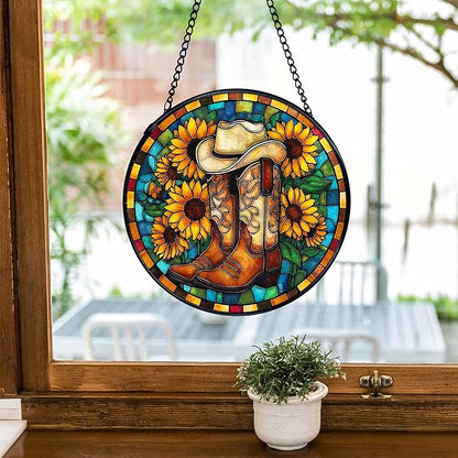 TNUW Western Sunflower Stained Glass Window Hanging, Country Western Cowboy Cowgirl Boots Suncatchers Indoor Window Glass Round Wall Art Decor, Southwestern Wall Hanging Decorations, 7.9＂x7.9＂