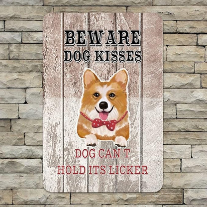 Beware Dog Kisses Dog Can't Hold Its Licker Street Metal Signs Vintage Man Cave Warning Aluminum Metal Tin Sign for Garden Patio Yard Cafe Pub Home Decor Wall Art Print Poster 8x12