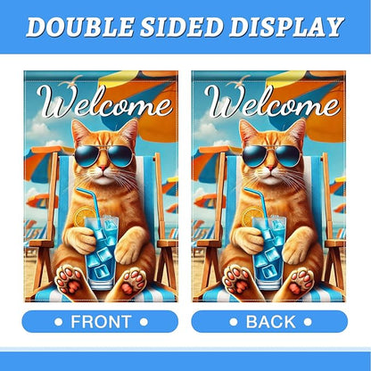 HOMETITUTE Hello Summer Beach Orange Cat Garden Flag 12×18 Inch Double Sided Summer Coastal Seasonal Tropical Pool Yard Flag Summer Cat Garden Flags Tropical Ocean Sea Outside Outdoor House Decoration
