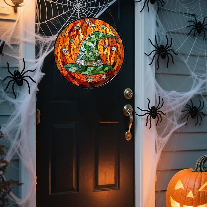 Stained Glass Window Hanging - Halloween Decorations Witch Hat Suncatcher for Doors Garden Indoor Spooky Funny Green Sun Catchers Gothic Decor Horror Gifts for Women Men Friend 9.8 in