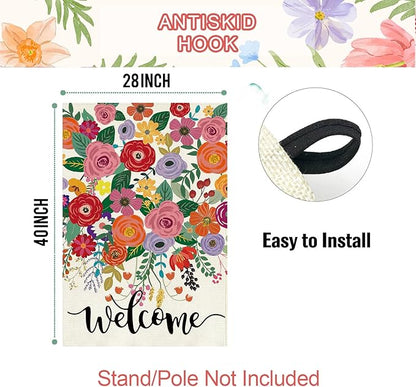 Baccessor Spring Summer Welcome House Flag Double Sided 28x40 Inch Burlap,Floral Flowers Large Garden Flag Porch Patio Front Entry Yard Seasonal Farmhouse Outside Outdoor Decor