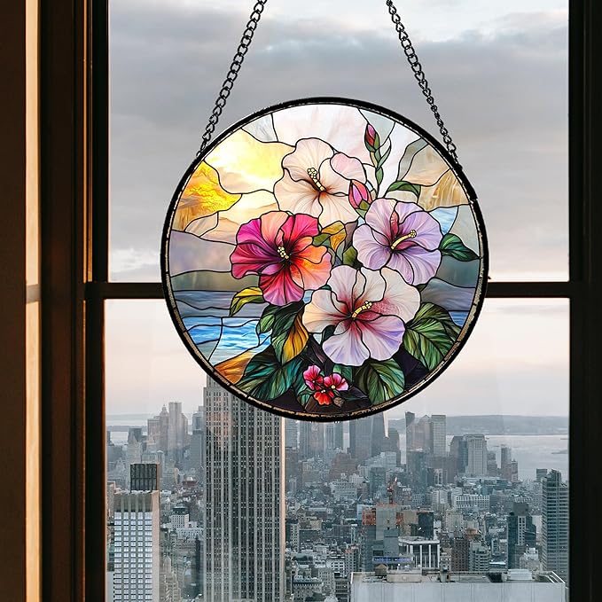 Stained Glass Window Hanging Pink Purple Hibiscus Flowers 6.3" - Suncatcher Door Garden Sunroom Sun Catcher Decor Birthday Christmas for Mom Men Woman Nana Friend