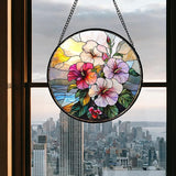 Stained Glass Window Hanging Pink Purple Hibiscus Flowers 6.3" - Suncatcher Door Garden Sunroom Sun Catcher Decor Birthday Christmas for Mom Men Woman Nana Friend