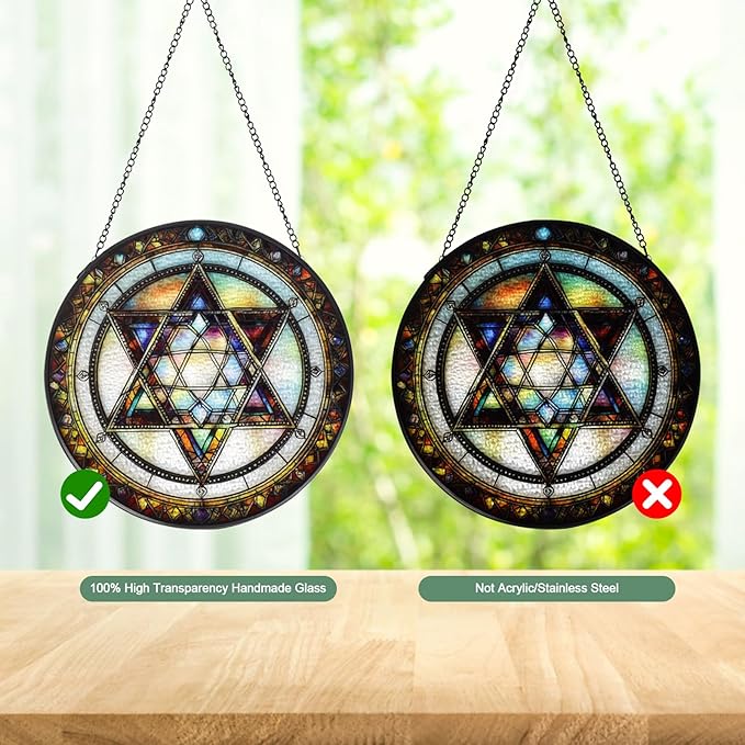 Star of David Stained Glass Window Hanging Suncatcher with Chain - 7.9" Outdoor/Indoor Art Decor for Home Garden, Thanksgiving, Wedding, Mother's, Valentine's & Christmas Ornaments Present