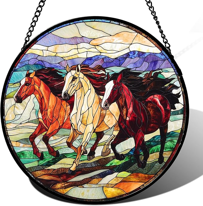 DASTOLL Stained Glass Window Hanging, Colorful Landscape Running Horse Suncatcher for Doors Window Home Sun Catchers Decoration Mother's Day Birthday Gifts for Women, Men, and Mom 15x15 in