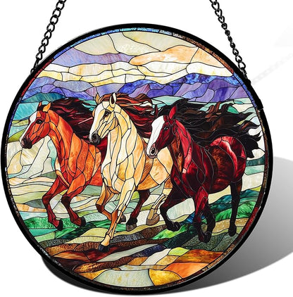 DASTOLL Stained Glass Window Hanging, Colorful Landscape Running Horse Suncatcher for Doors Window Home Sun Catchers Decoration Mother's Day Birthday Gifts for Women, Men, and Mom 15x15 in