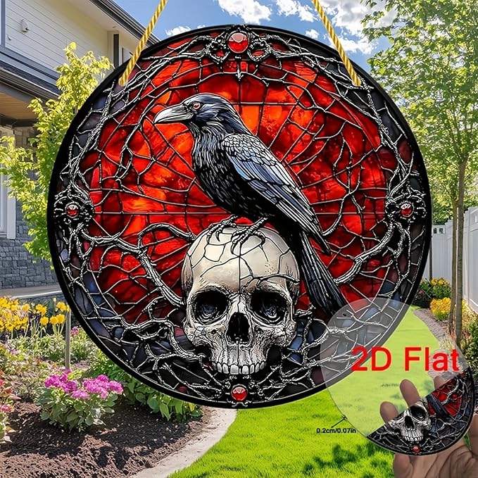 Halloween Sun Catchers Indoor Window Raven Skull Goth Window Decoration Black Goth Acrylic Decoration Black Red with Chain for Home Garden Housewarming Ornaments Gifts for Women Friend Party 7.87 Inch