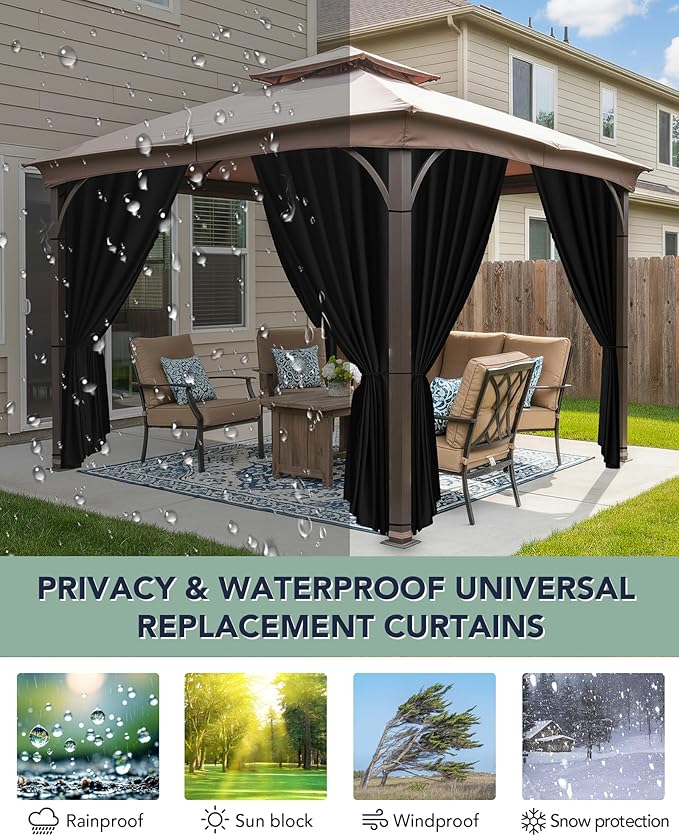 Patio Curtains Outdoor Waterproof - 10'Wx12'Lx7'H Weatherproof Pergola Outside Curtains, Gazebo Universal Replacement Privacy Curtains, 4 Panels Sidewall Drapes with Zipper, Black