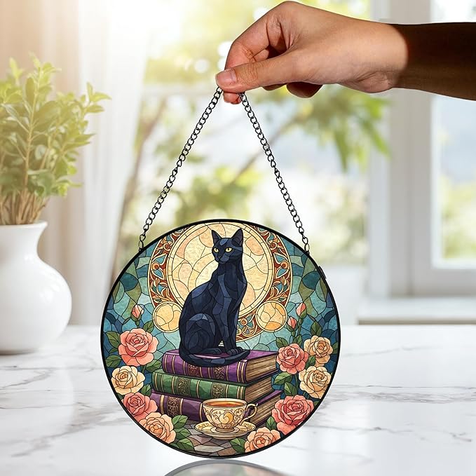 Black Cat Floral Book Stained Glass Window Hanging, Black cat suncatcher,Beautiful Flowers Book Lovers Stained Glass Suncatcher, Book Reader Gifts Round Wall Hanging Decor, 7.9x7.9in