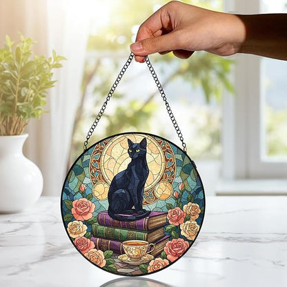Black Cat Floral Book Stained Glass Window Hanging, Black cat suncatcher,Beautiful Flowers Book Lovers Stained Glass Suncatcher, Book Reader Gifts Round Wall Hanging Decor, 7.9x7.9in
