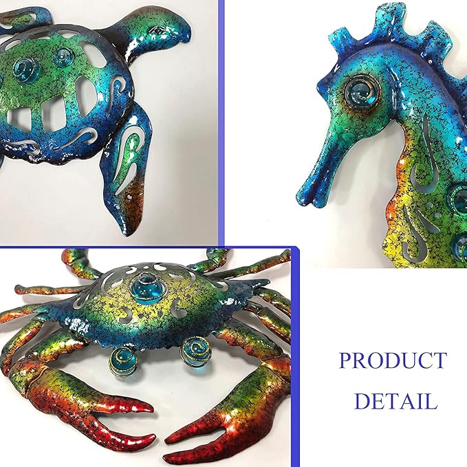 Weibefee Metal Sea Turtle Seahorse Crab Beach Themed Bathroom Wall Art Mother's Day Decor, Ocean Themed Wall Mother's Day Decorations Gift for Home Bathroom,10 Inch, Set of 3…