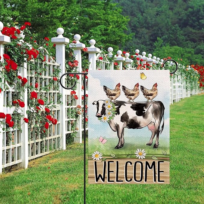 Artofy Welcome Spring Summer Farm Animals Small Decorative Garden Flag, Cow Chicken Hen Farmhouse Yard Lawn Outside Decor, Rustic Burlap Outdoor Home Decoration Double Sided 12 x 18