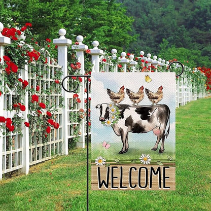 Artofy Welcome Spring Summer Farm Animals Small Decorative Garden Flag, Cow Chicken Hen Farmhouse Yard Lawn Outside Decor, Rustic Burlap Outdoor Home Decoration Double Sided 12 x 18