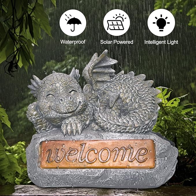 Solar Garden Decorations-Garden Dragon Welcome Display Decorative，Decor for Patio, Yard, Lawn, Pathway, Landescape (Western Dragon Statue)