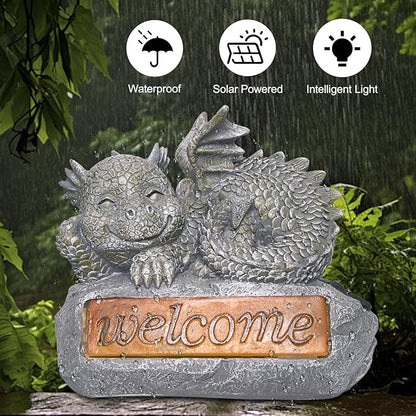 Solar Garden Decorations-Garden Dragon Welcome Display Decorative，Decor for Patio, Yard, Lawn, Pathway, Landescape (Western Dragon Statue)