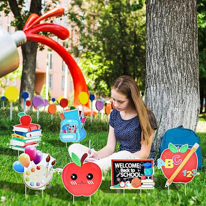 10-Piece Set Back to School Yard Signs with Stakes, Assorted Apple, Owl, and School Bus Designs for Outdoor Garden and Lawn Decoration, 11.7 x 11.8 Inches Plastic Signs for Welcome School Party Favor