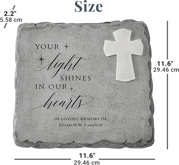 Let's Make Memories Personalized Memorial Garden Stone - Engraved Sympathy Garden Marker - Condolences - Solar Cross - Your Light Shines