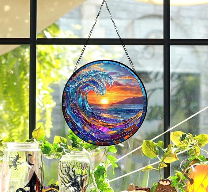Stained Glass Window Hanging, Ocean Wave Sunset Sun Catchers 7.8 in Coastal Beach Glass Panel Suncatcher Decor for Birthday for Women, Men, Wife, and Mom