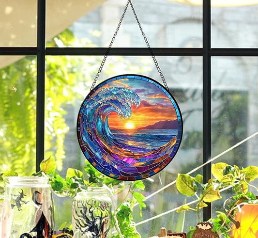 Stained Glass Window Hanging, Ocean Wave Sunset Sun Catchers 7.8 in Coastal Beach Glass Panel Suncatcher Decor for Birthday for Women, Men, Wife, and Mom