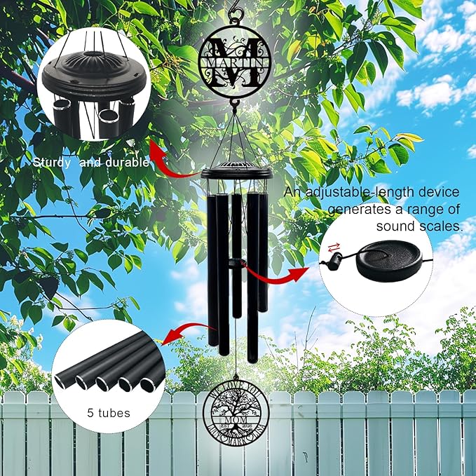 Personalized Mother's Day Wind Chimes with Custom Metal Signs, Tree of Life Mom Wind Chime with Family Name & Kids Names, Outdoor Garden Hanging for Mom