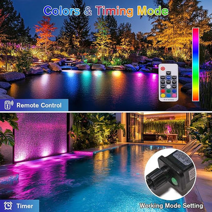 POPOSOAP RGB Underwater Pond Lights with Timer, 20 Colors Dimmable Submersible Led Fountain Lights with IP68 Waterproof, Support Remote Control for Outdoor Ponds Aquarium Garden Pool (4 Set)