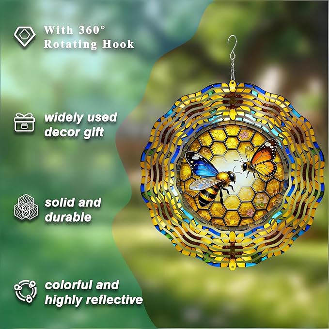 10 Inch Bee Wind Spinner, 3D Stainless Steel Hanging Kinetic Wind Sculpture for Home Garden Yard Art Lawn Balcony Window Porch Outdoor Indoor Decor