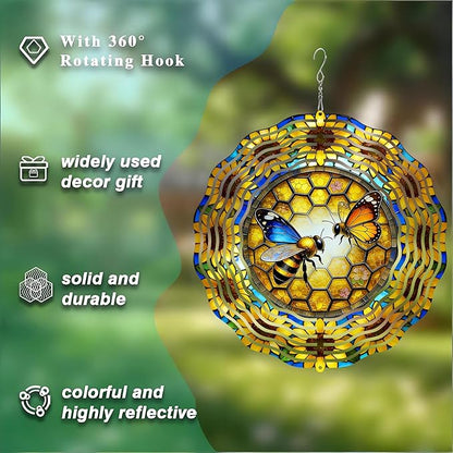 10 Inch Bee Wind Spinner, 3D Stainless Steel Hanging Kinetic Wind Sculpture for Home Garden Yard Art Lawn Balcony Window Porch Outdoor Indoor Decor