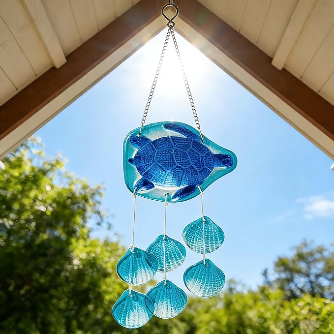 H&D HYALINE & DORA 20 Inch Glass Sea Turtle Wind Chimes Blown Glass Seashell Wind Chimes for Outside Handmade Wind Chime Decorative for Living Room, Bedroom, Beach House