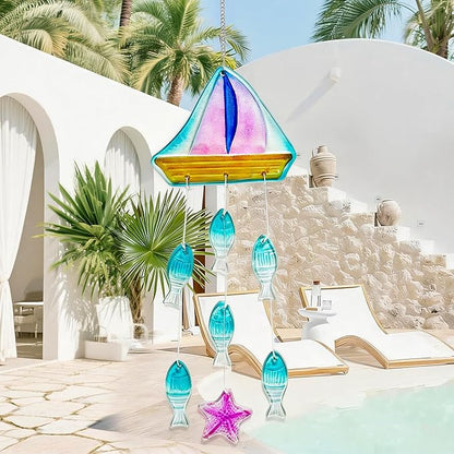 H&D HYALINE & DORA 23.5 Inch Glass Wind Chimes Colorful Sailboat Decor Hanging for Outside Glass Fish Wind Chime Outdoor Decor for Harmonic Porch, Patio & Garden