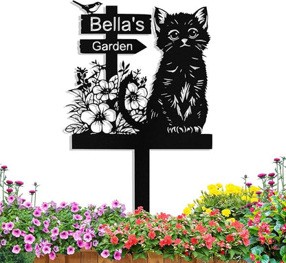 Personalized Metal Cat Garden Signs with Stake, Custom Garden Signs for Outside Waterproof, Customized Name Sign Yard Lawn Gardens Decor Gardening Gifts for Moms Grandmas Gardeners