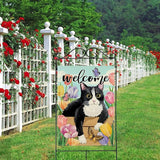 Artofy Welcome Spring Summer Tuxedo Cat Large Decorative House Flag, Tulip Flower Butterfly Yard Garden Outside Decor Pet Owner Lover Gift, Seasonal Floral Outdoor Home Decoration Double Sided 28 x 40